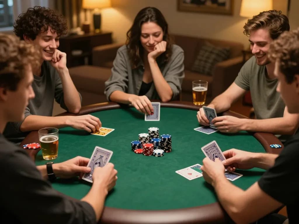 Friends enjoying a lively poker night at home while playing lv88 with vibrant chips and community cards.