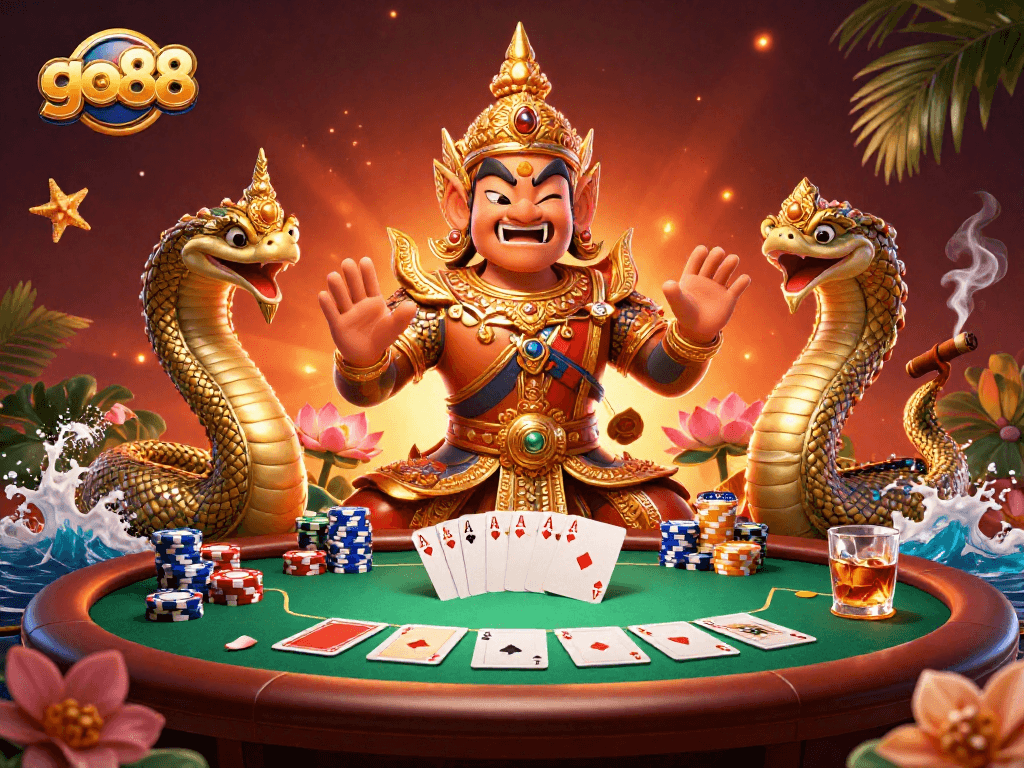 Experience exhilaration at go88 as the guardian and Naga serpents light up a poker scene.
