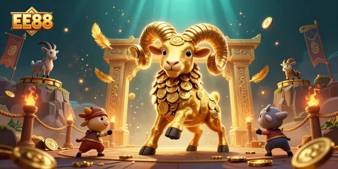Experience thrilling action at EE88 with a charging golden ram amidst fantasy gambling elements.