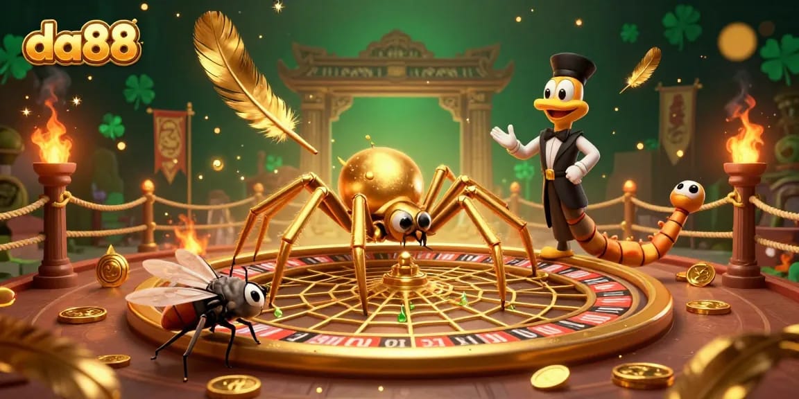 Place bets with da88 in a dynamic casino scene featuring a golden spider, nervous fly, and lively centipede croupier.