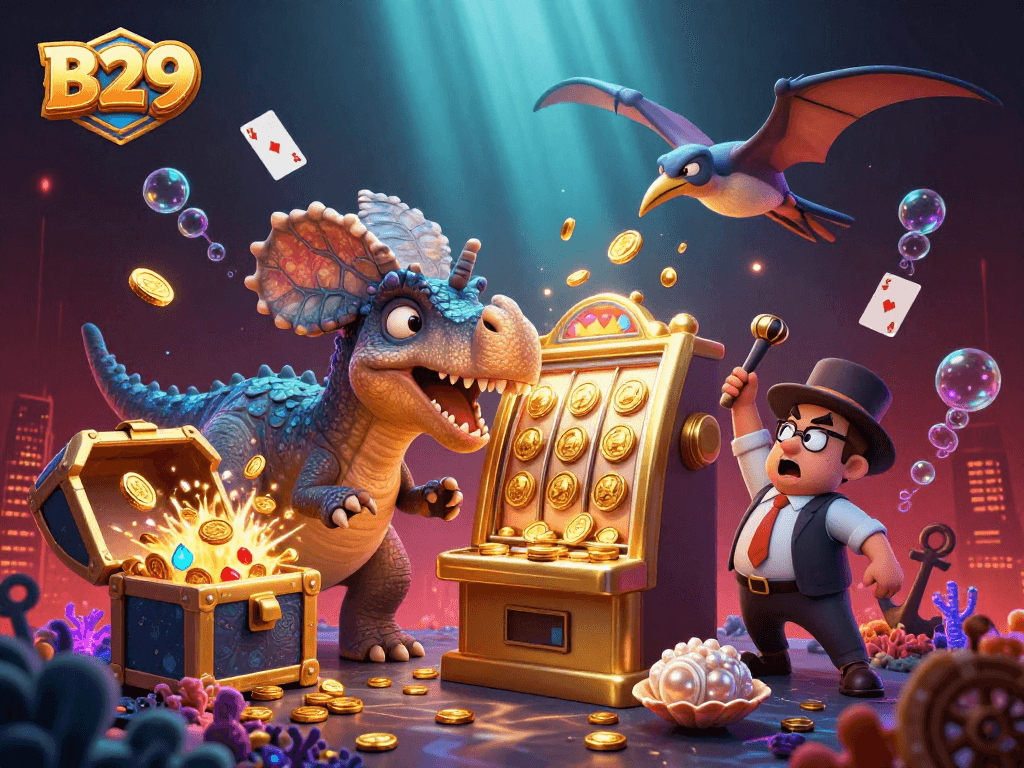B29 casino illustration with a dinosaur interacting with a slot machine, showcasing jackpot excitement.