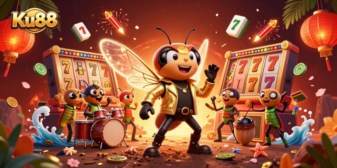 Play slots at Ku88 with a vibrant rock star scene featuring dynamic casino elements.