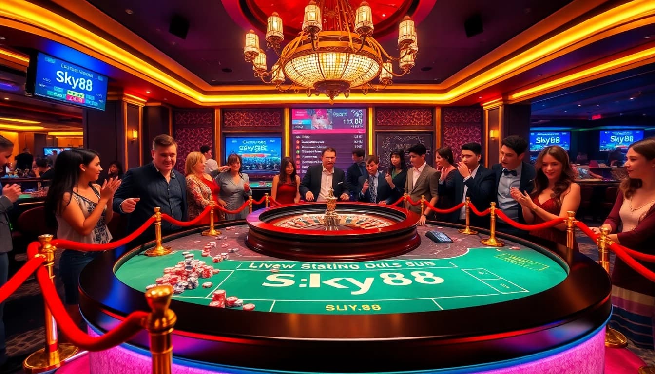 Sky88 players engaging in high-stakes roulette at a luxury casino table with vibrant decorations.
