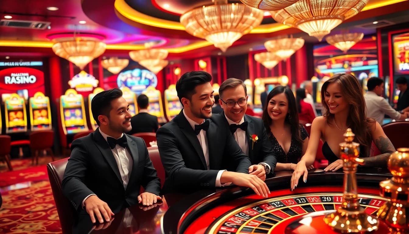rr88 vip players enjoying an exciting game at a high-end casino with vibrant lights and engaging atmosphere.