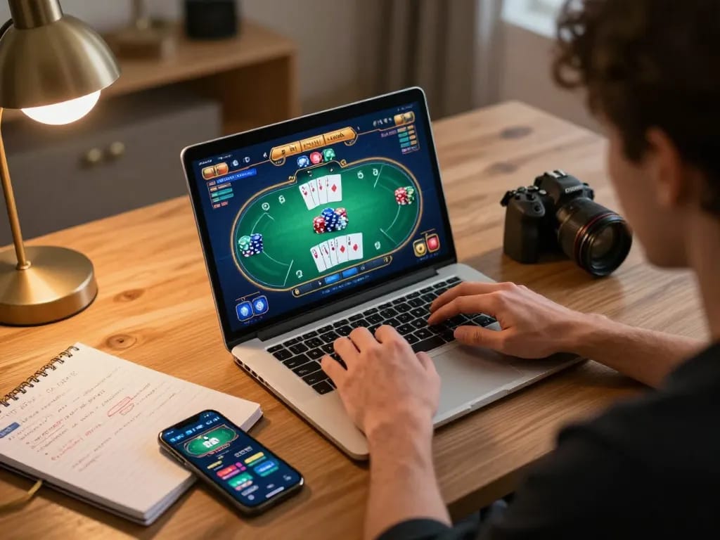 Engaging gameplay on https://casino555win.com/ with vibrant poker interface, strategic notes visible nearby.
