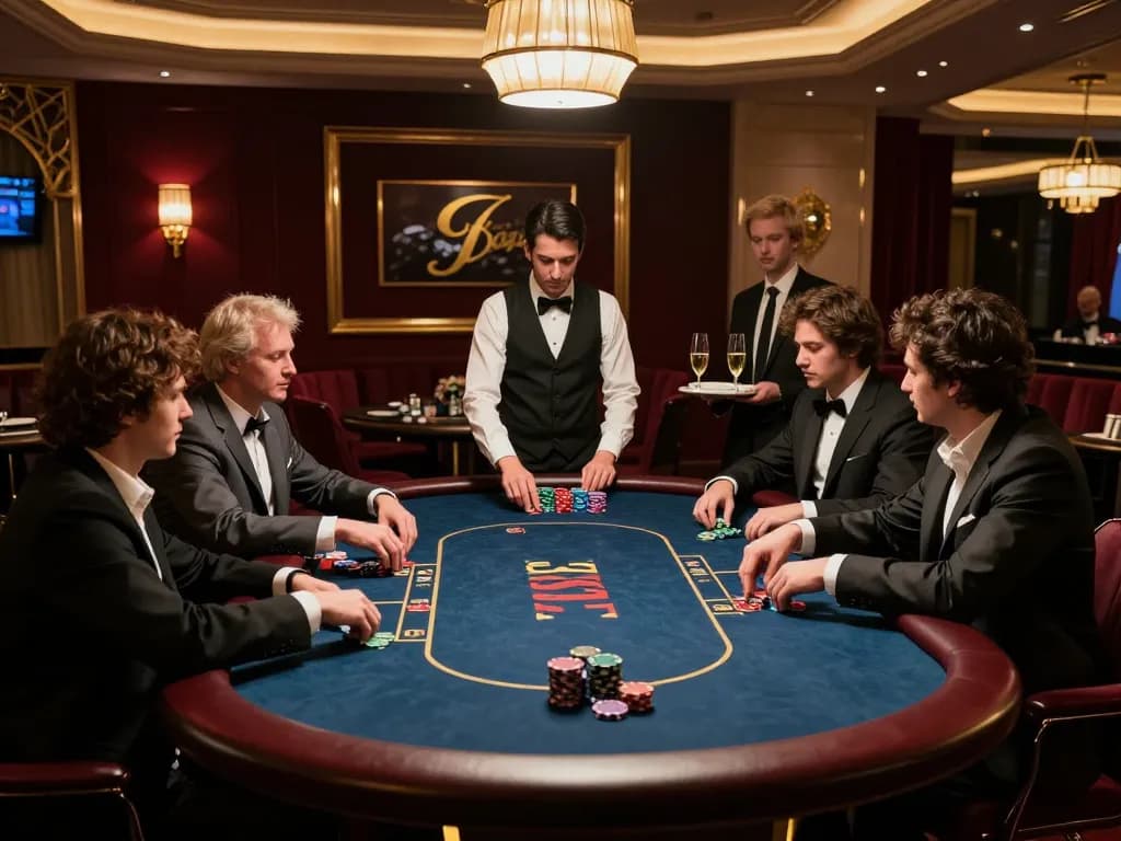 Players enjoying high-stakes poker in a luxurious VIP area of nhà cái alo8 casino with champagne service.