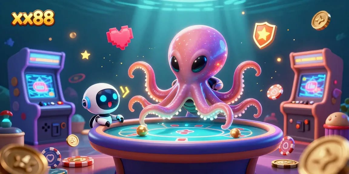 Experience exciting games at xx88 where an alien octopus operates a poker table amidst vibrant gaming elements.