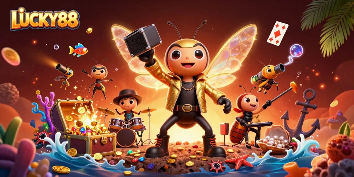 LUCKY88 gamers spin the reels in a vibrant casino scene filled with gold coins and fun.