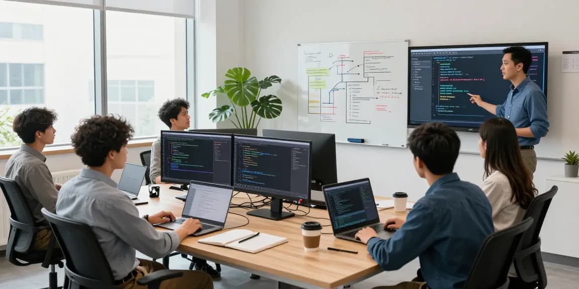 Build internal tools with AI in a vibrant office meeting space fostering collaboration and creativity.