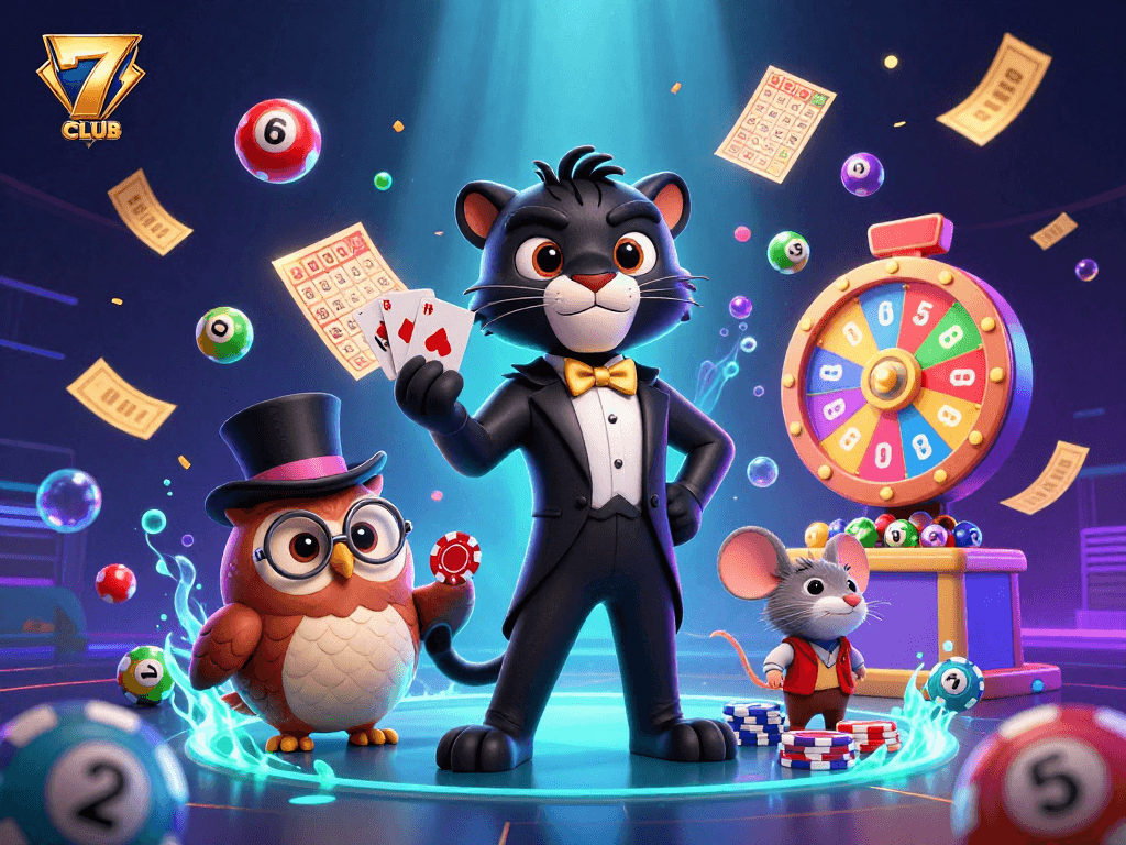 7CLUB brings thrilling gaming excitement with colorful lottery elements and charming characters in an engaging casino scene.