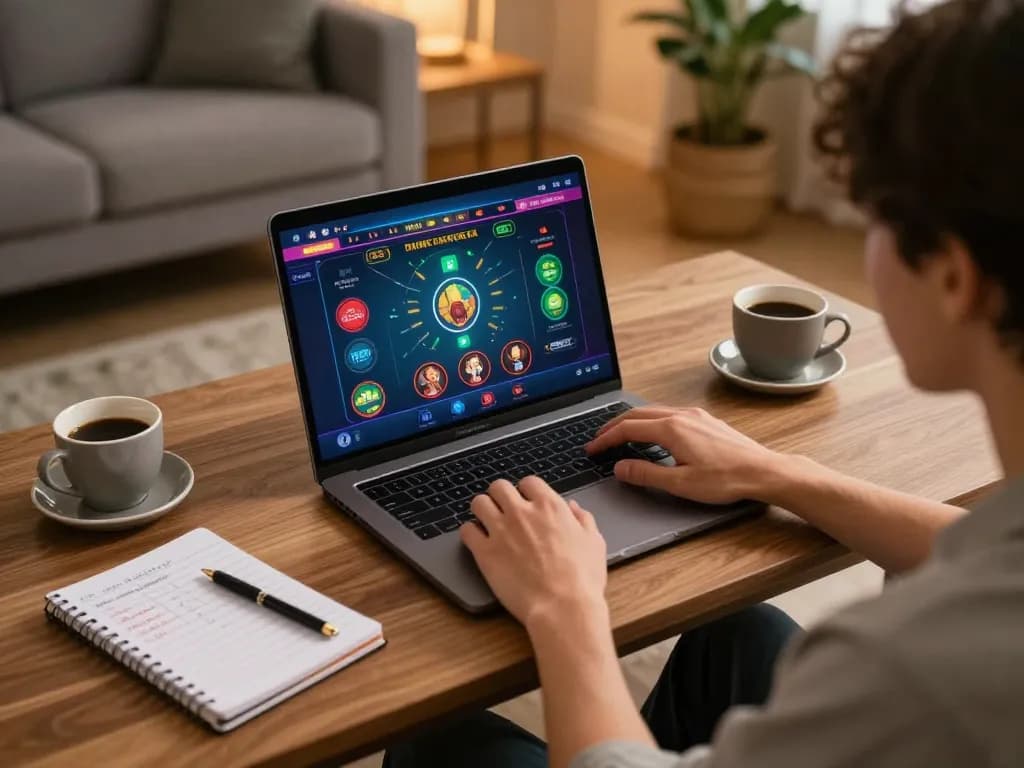 Engaging in online gaming at https://mm88vin.com/ with a laptop displaying casino interface in a cozy home environment.