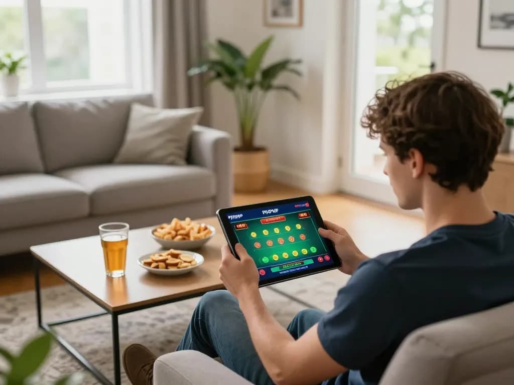 Player engaging with PHPVIP app on tablet in cozy home setting, highlighting online gambling experience.