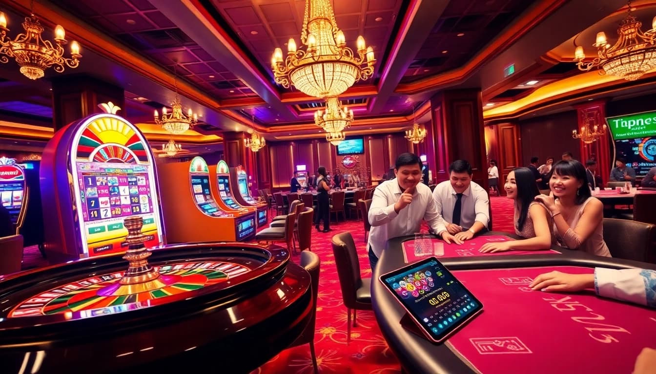 Experience the excitement of gaming at trang chủ j88 with a vibrant casino scene illustrated.