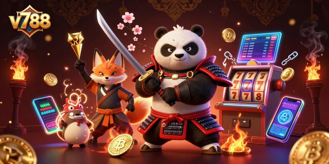 Spin the reels with v788's thrilling casino action featuring samurai panda and ninja fox.
