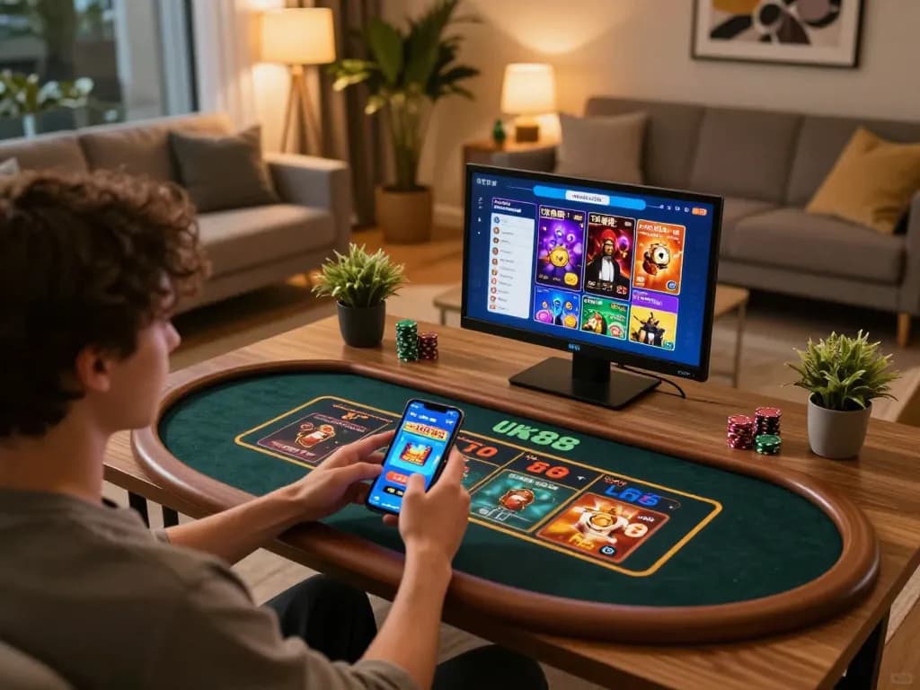 Engaging in mobile betting with Uk88 app displayed on smartphone in a cozy living room setting.