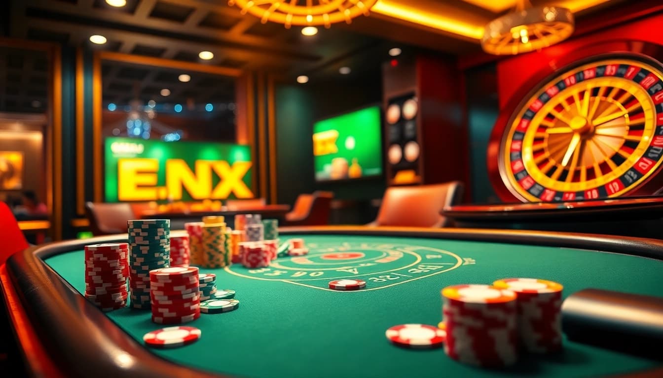 Engage in thrilling gameplay at nhatvip.com with a vibrant poker scene full of colorful chips and a spinning roulette wheel.
