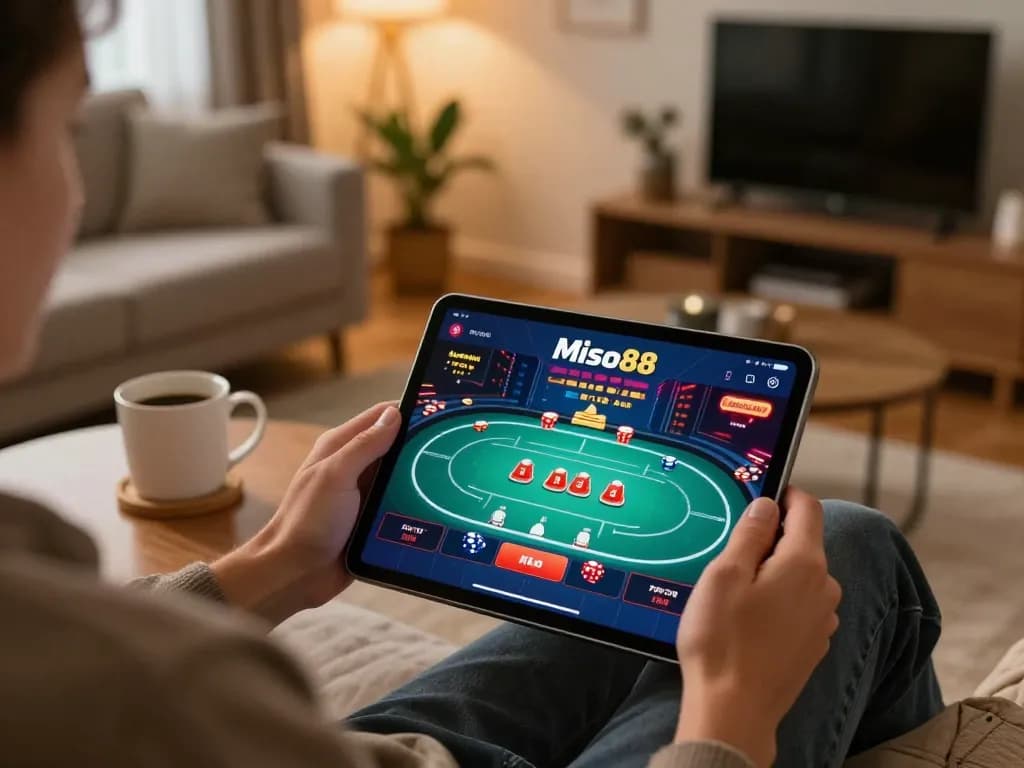 Miso88 user enjoying poker game on a tablet, illustrating the online gambling experience.