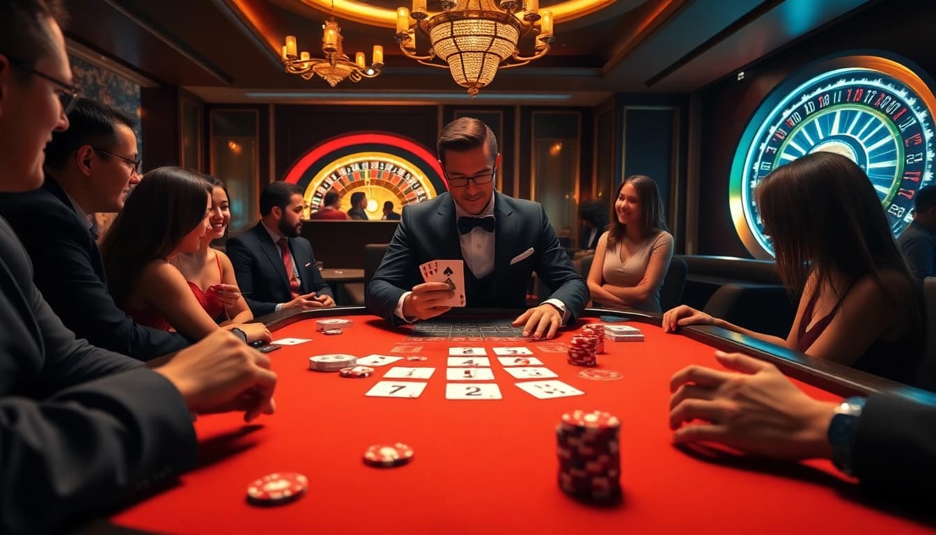 Exciting casino scene with blackjack and poker elements featuring CM88 branding.