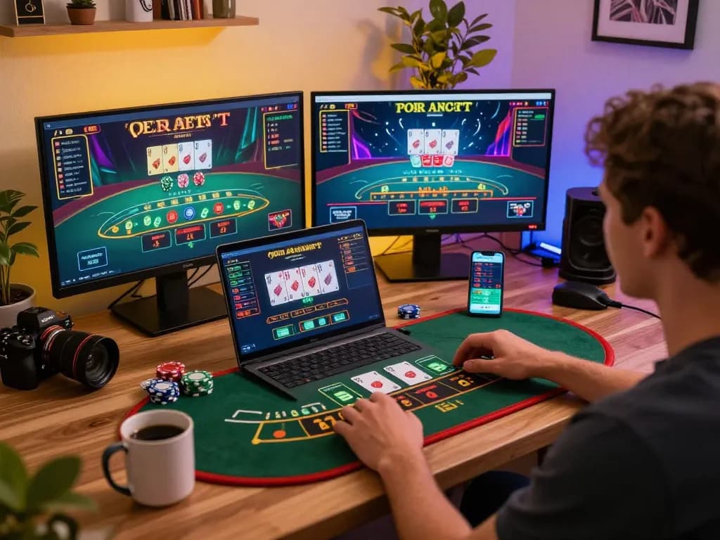 Engaged user exploring vin88sa online casino on laptop with live dealer gameplay.