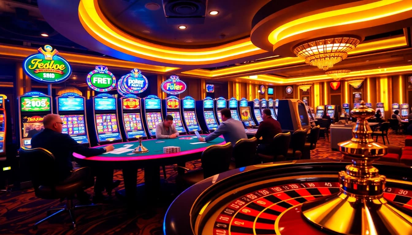 Engaged players at a KM88 poker table amid vibrant casino sights and sounds.