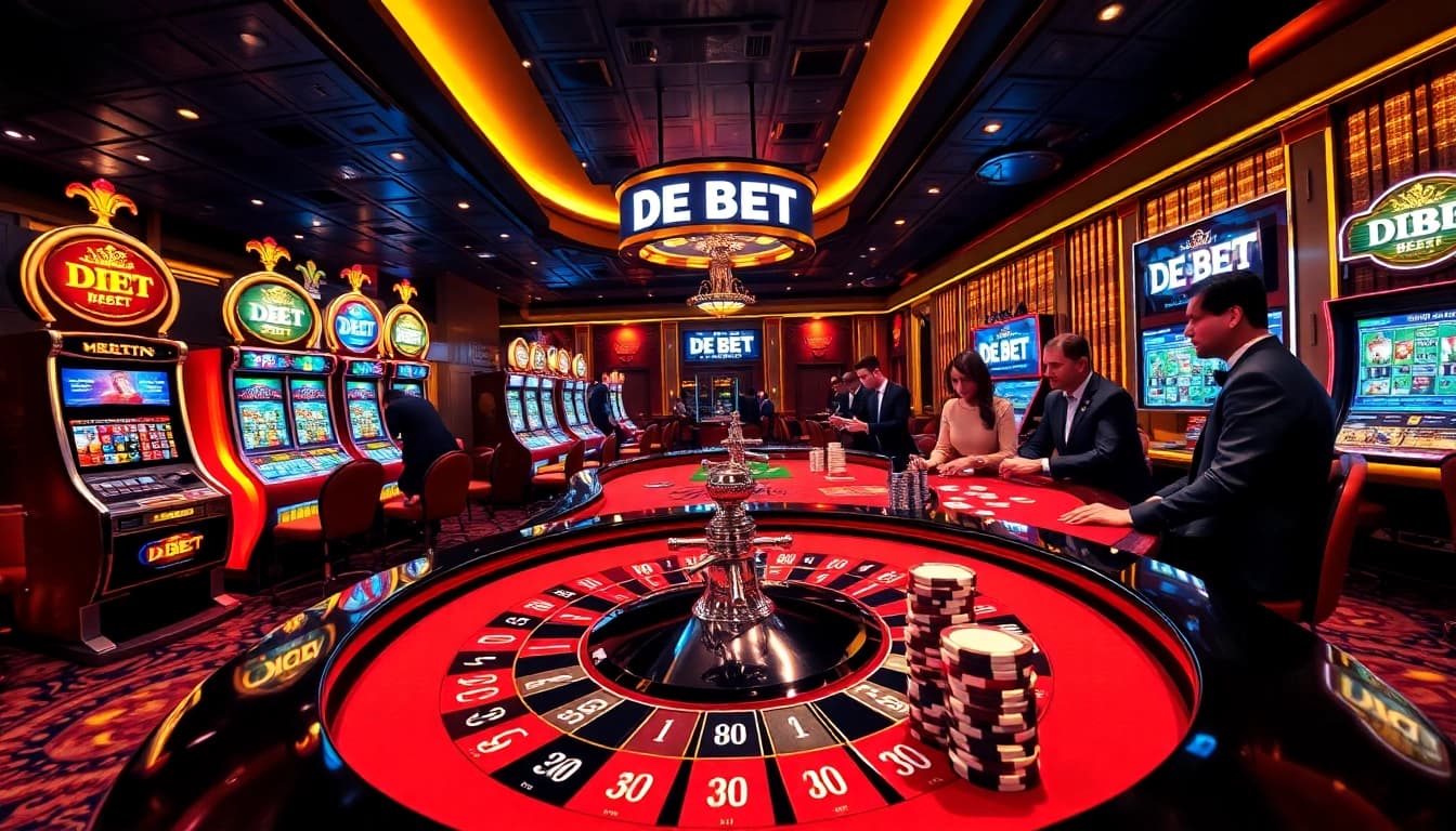 Experience the excitement of DE BET at a luxurious casino table filled with chips and games.