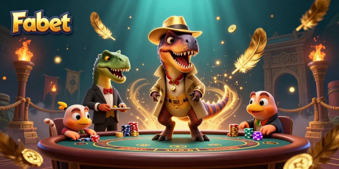 Fabet features a sneaky velociraptor card counter at a blackjack table, surrounded by gold coins and betting tokens.