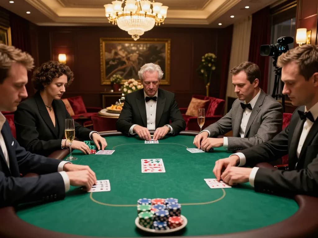 Các người chơi LUCK8 tham gia vào một ván bài poker có cược cao trong một phòng riêng sang trọng.