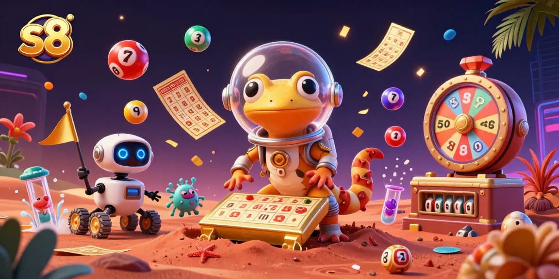S8 gamers celebrate winning in a vibrant online casino adventure amidst colorful lottery elements.
