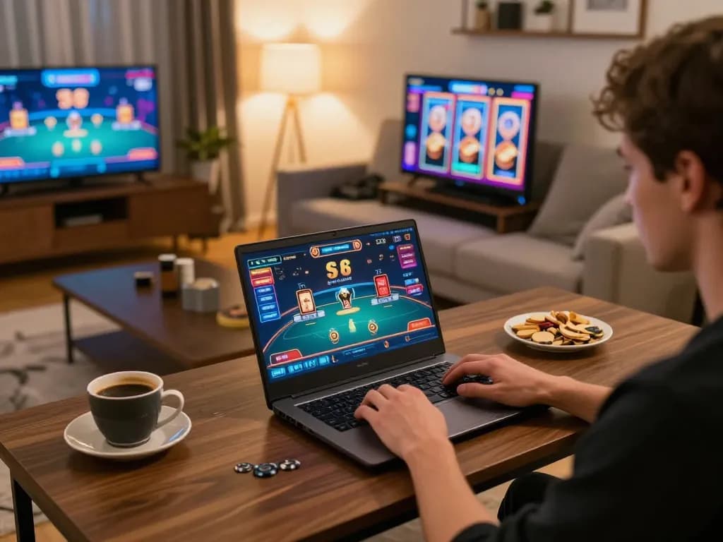 Player engaging in online gambling on S8 com, enjoying a poker game on laptop in a cozy home setting