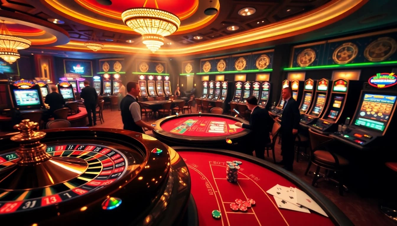 Players enjoying a dynamic casino experience at ffgg88.com with vibrant gaming elements and excitement.