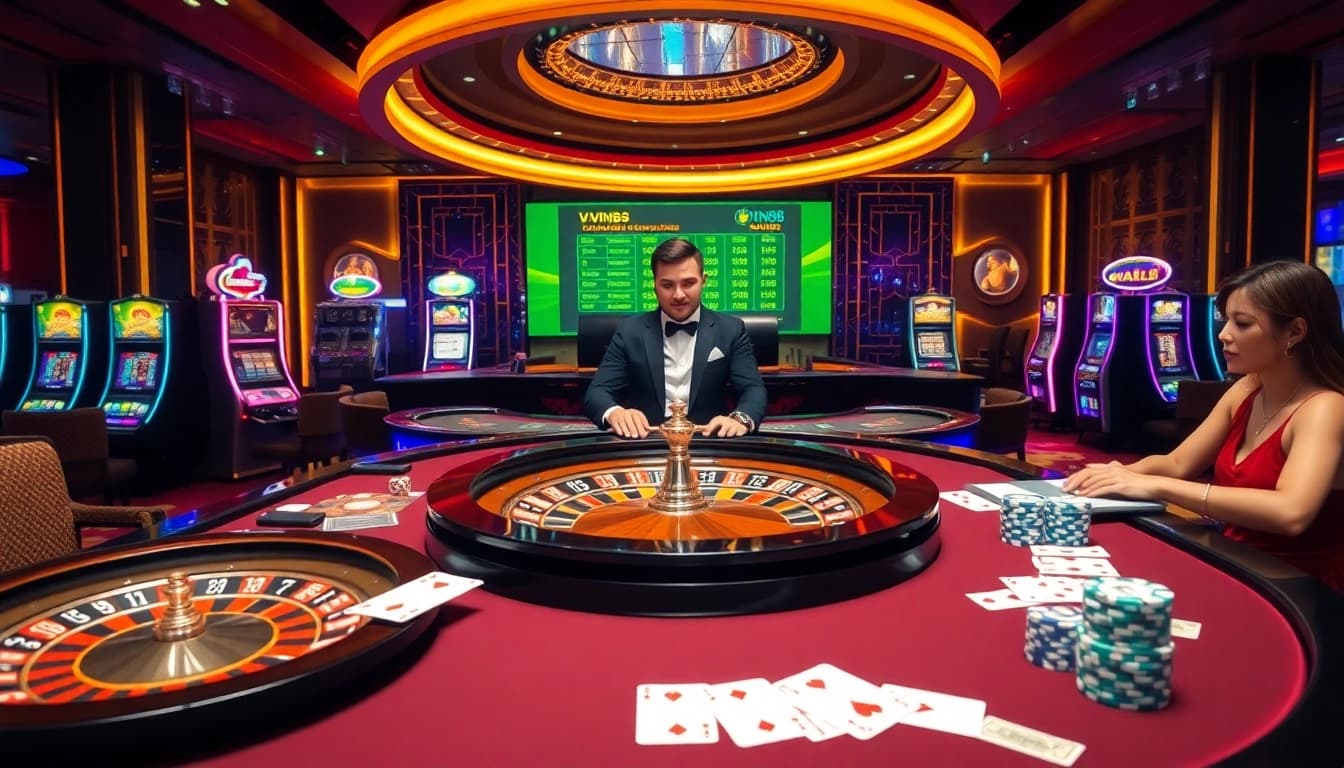 Exciting gaming atmosphere representing nhà cái vin88 with roulette wheels, poker chips, and slots.