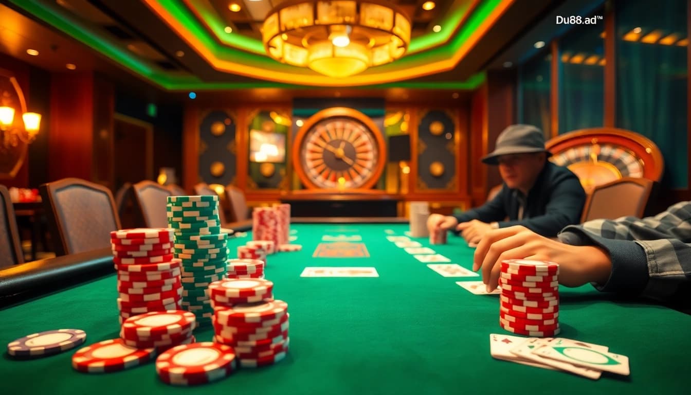 A thrilling poker game at a casino table highlighting the excitement of online gambling with https://du88.ad/. Professional players intensely strategizing.