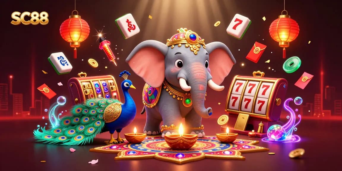 Engaging SC88 casino scene with a Diwali elephant, peacock, slot reels, and vibrant decorations.