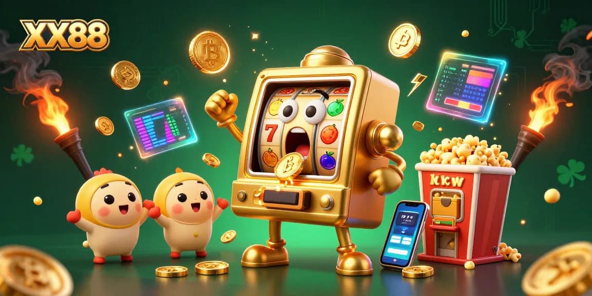 Experience winning jackpots with XX88's stunning golden slot machines in an energetic casino scene.
