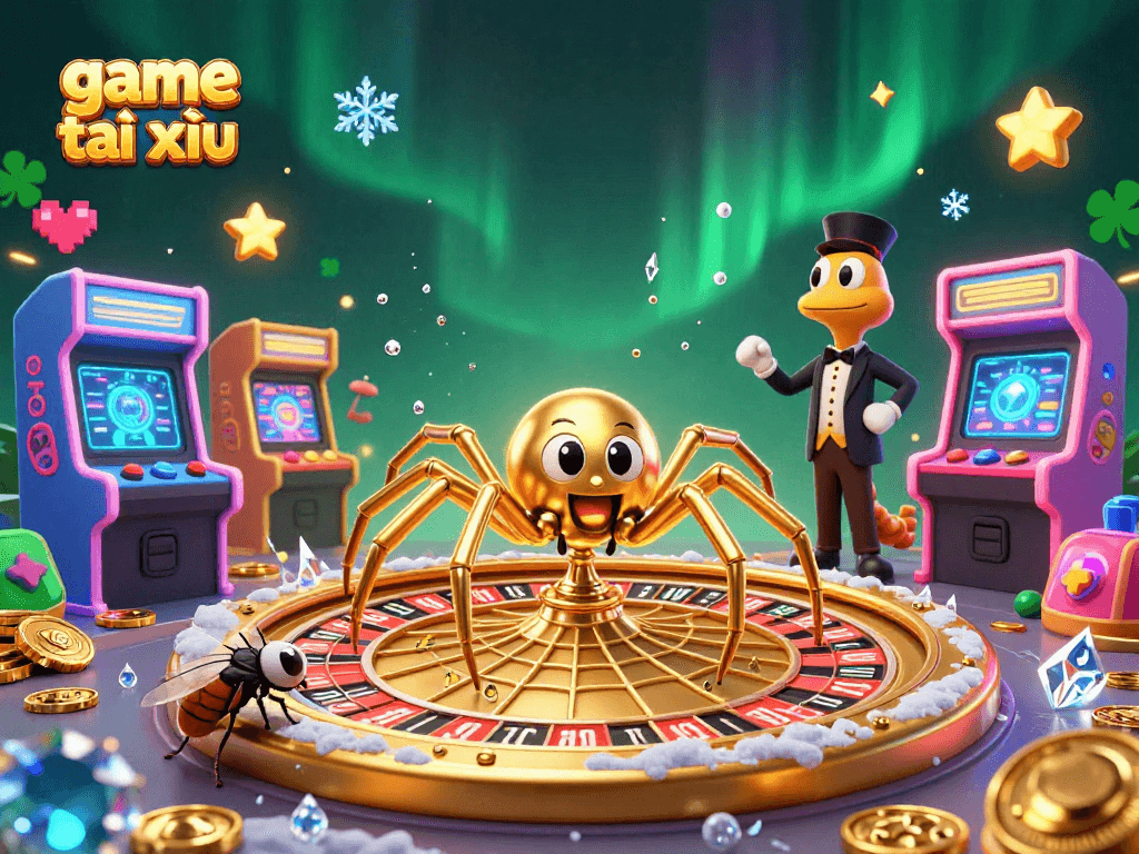 Experience thrilling game tài xỉu action with a golden spider and centipede croupier in a vibrant casino.