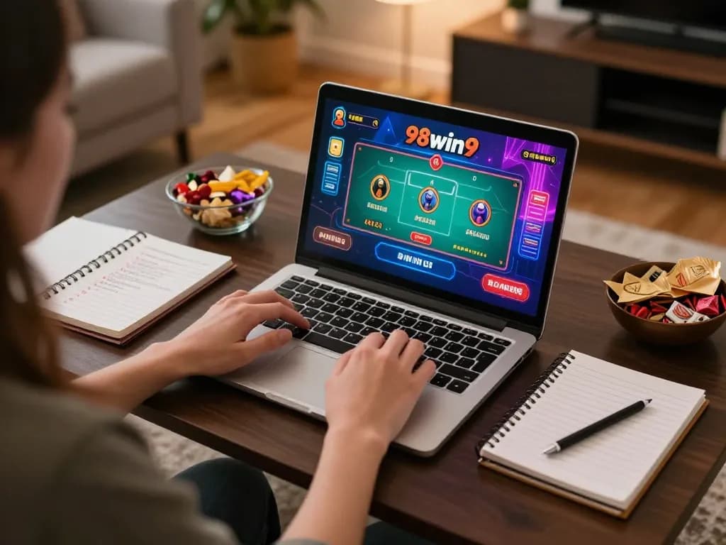 Engaged player enjoying online gambling on 98win9 with a live dealer game on laptop.