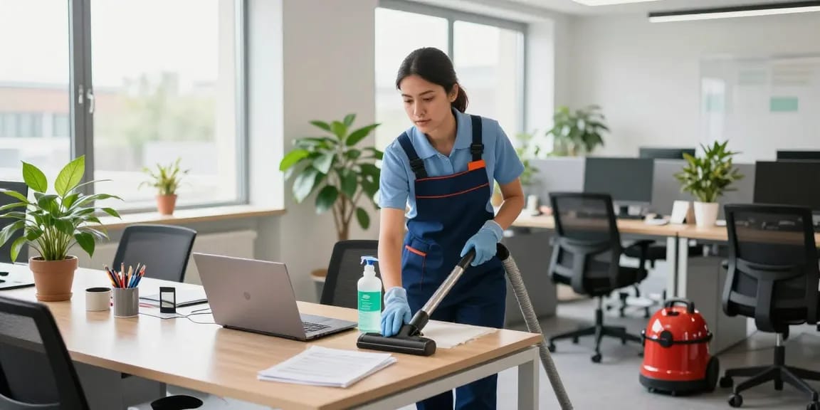 Schoonmaakbedrijf Den Haag professional cleaning modern office workspace, maintaining cleanliness and hygiene.