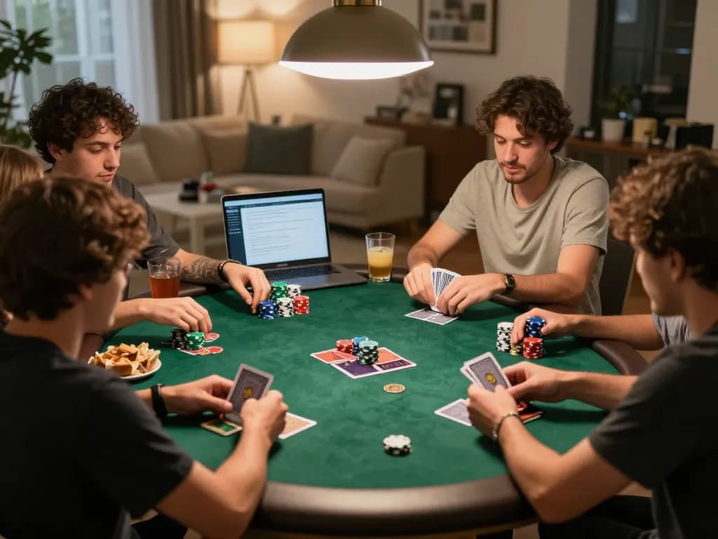 Friends enjoying Texas Hold'em during poker night at home with Fun88 com gaming strategies.