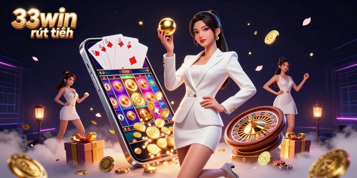 Visualize the excitement of 33win rút tiền with vibrant gaming elements and a poised female character in a luxurious casino setting.
