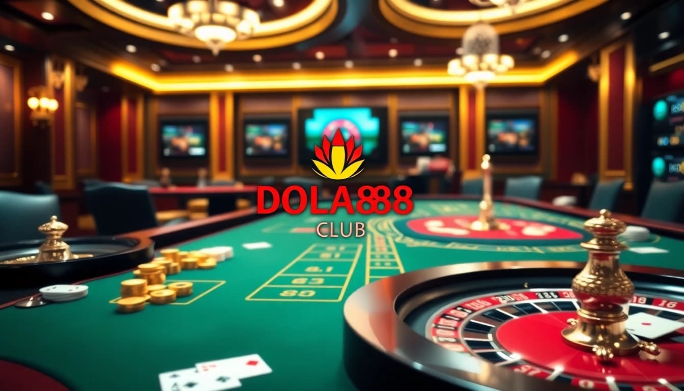 DOLA88 CLUB gaming table with premium poker chips and roulette wheel, inviting players to join.