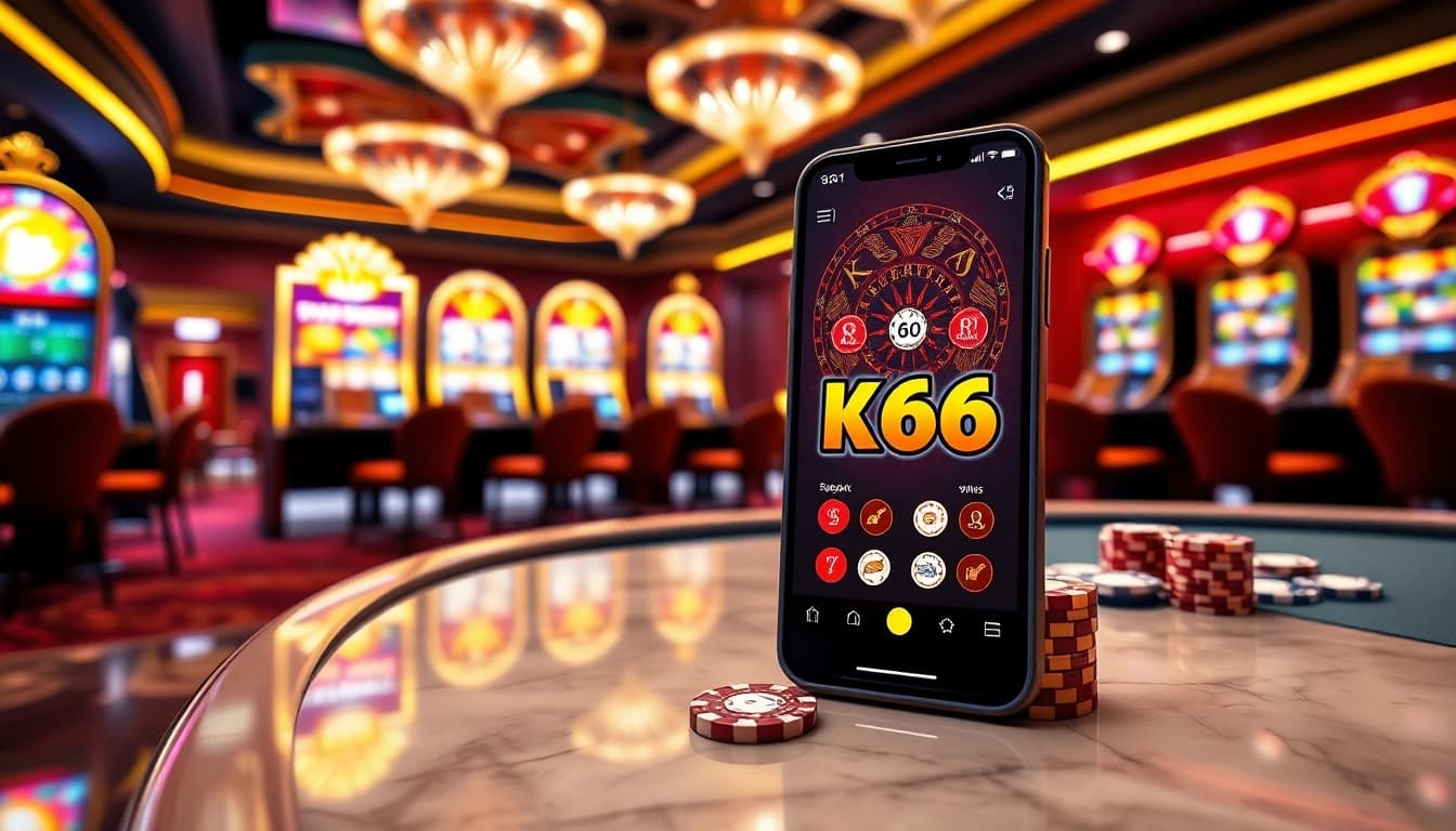 Trải nghiệm KO66 với hoạt động casino sôi động, trình bày một bàn poker thắng lợi và giao diện ứng dụng.
