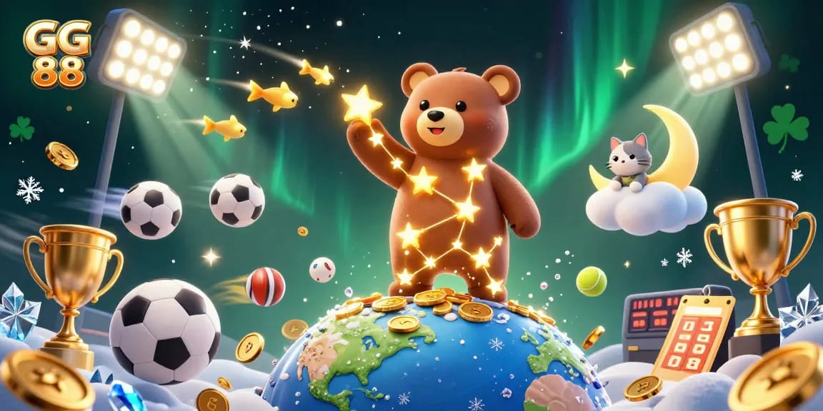 Engage with GG 88's exciting casino adventure as a constellation bear collects coins in a dynamic scene.