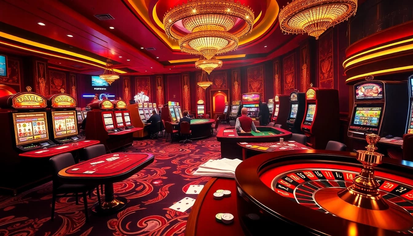 Exciting casino scene with gamers engaging on tables at https://gg88.media/, showcasing vibrant slot machines.