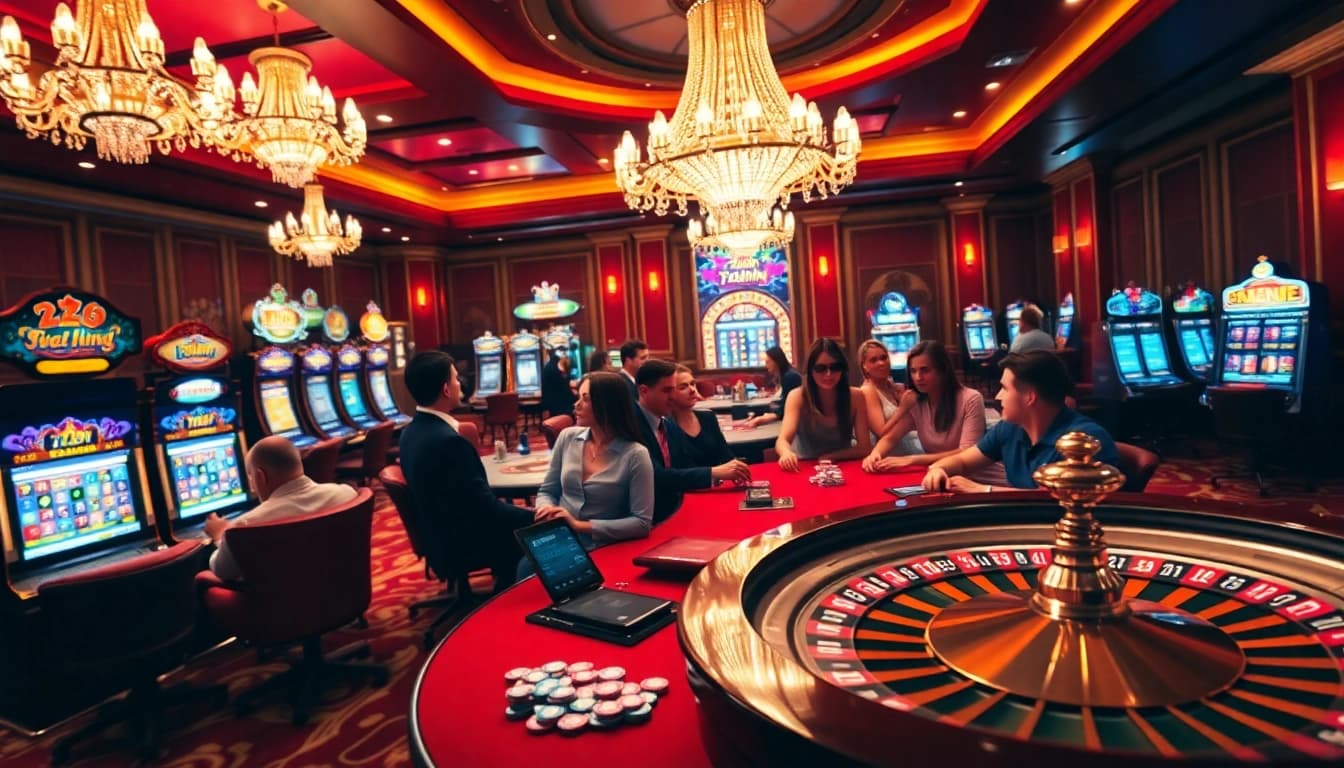 Excited players enjoying poker and roulette at 789VN casino, highlighting thrilling gambling action.