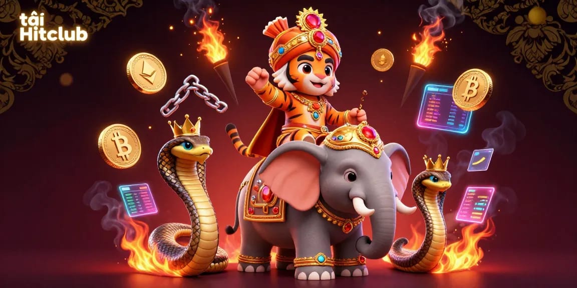 Experience the thrill of tải Hitclub with a vibrant scene featuring a 3D maharaja tiger, jewel elephant, and crypto elements.