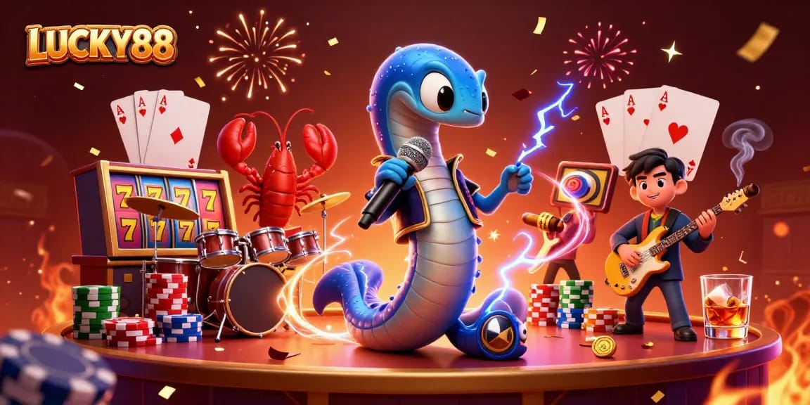 Feel the thrill with LUCKY88 as the electric eel DJ performs in an underwater casino stage.