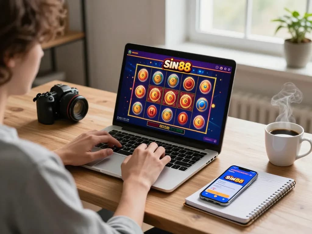 Engaging in sin88 slot gameplay at home, showcasing vibrant graphics and a cozy setup.