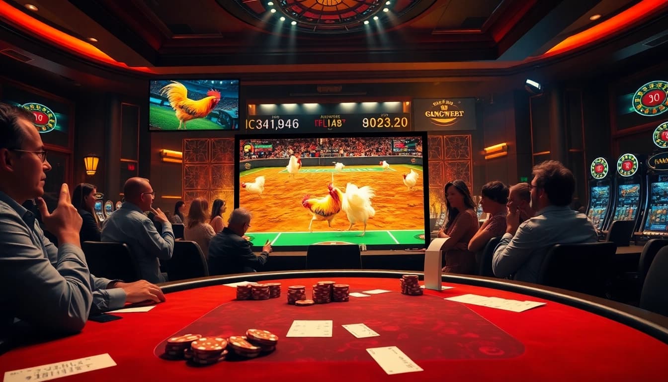 Engaging scene of đá gà trực tiếp betting with viewers cheering and high-definition screens displaying matches.