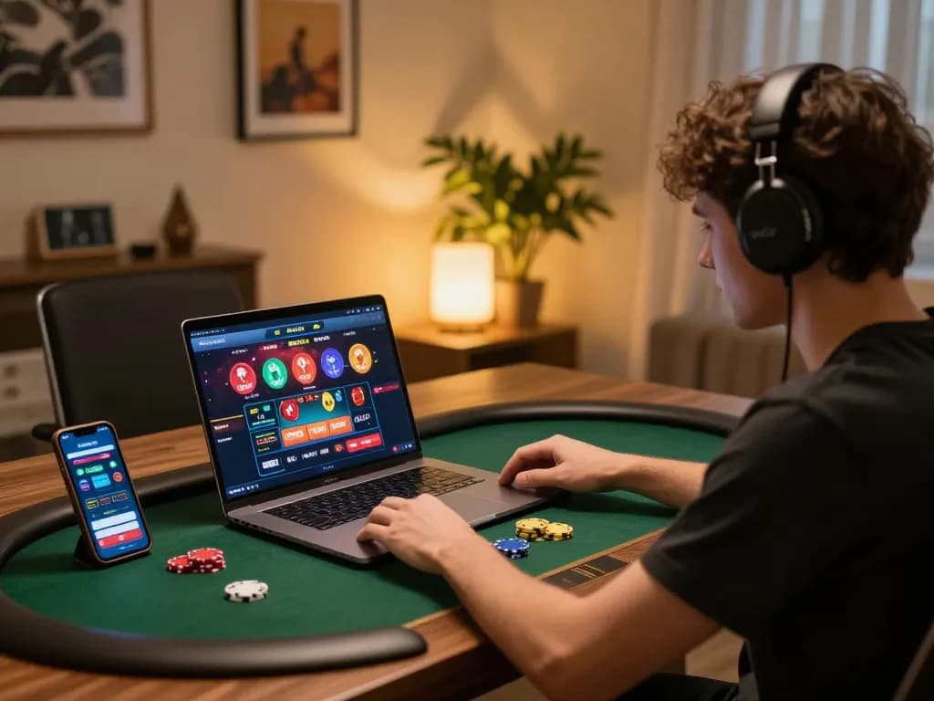 Engaging in strategic online poker on rikvip platform, showcasing a modern gaming setup with personal touches