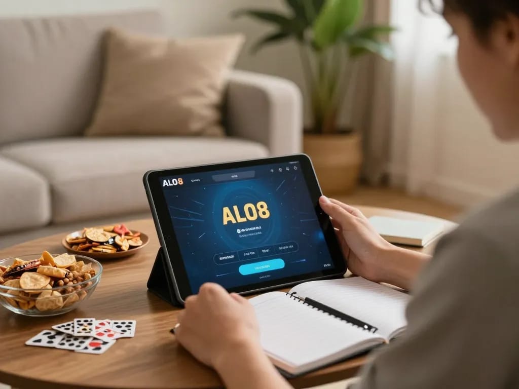 Player enjoying ALO8 online gaming experience on tablet with cozy home ambiance